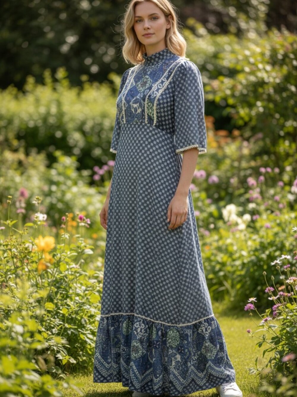 Vintage 1970s Blue Floral Prairie Maxi Dress Gunne Sax Style Size 8 M